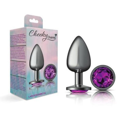 Cheeky Charms Gunmetal Round Butt Plug w Purple Jewel Large Cheeky Charms