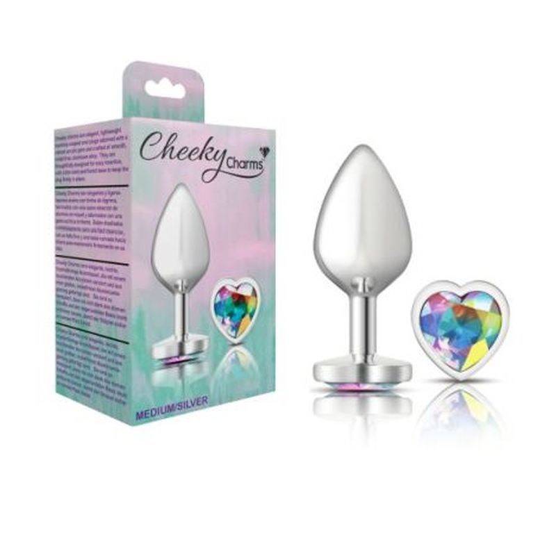 Cheeky Charms Silver Metal Butt Plug w Heart Clear Jewel Medium Cheeky Charms
