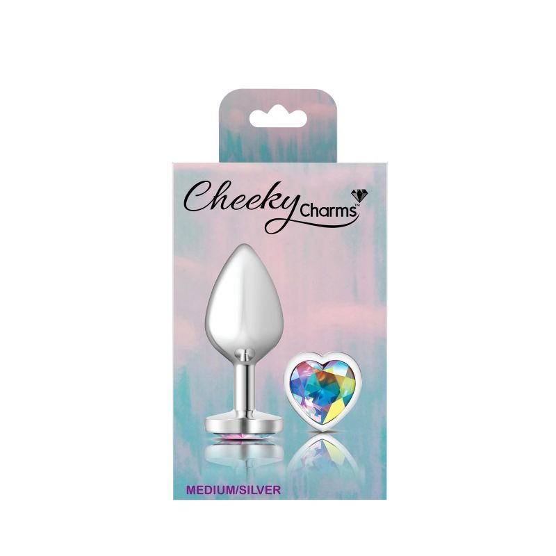 Cheeky Charms Silver Metal Butt Plug w Heart Clear Jewel Medium Cheeky Charms