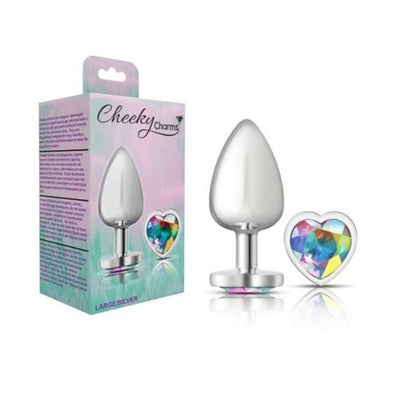 Cheeky Charms Silver Metal Butt Plug w Heart Clear Jewel Large Cheeky Charms