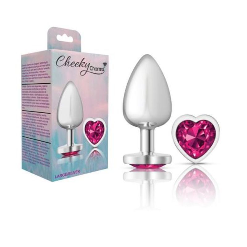 Cheeky Charms Silver Metal Butt Plug w Heart Pink Jewel Large Cheeky Charms