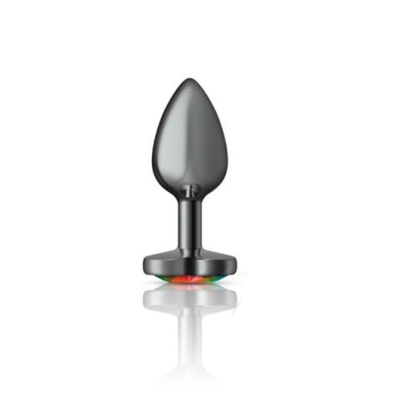 Cheeky Charms Gunmetal Butt Plug w Heart Rainbow Jewel Small Cheeky Charms