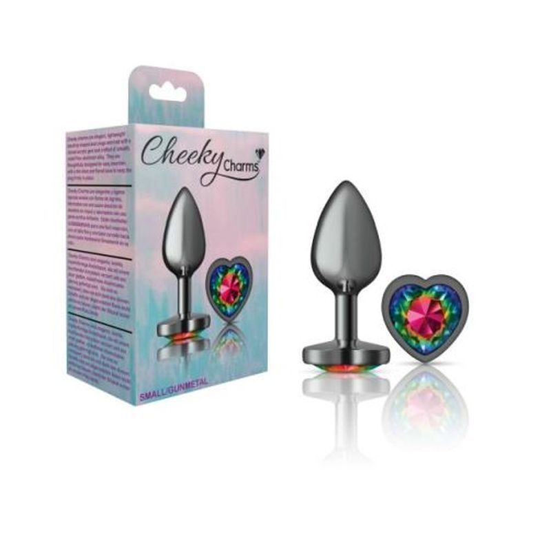Cheeky Charms Gunmetal Butt Plug w Heart Rainbow Jewel Small Cheeky Charms
