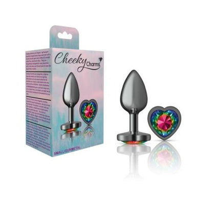 Cheeky Charms Gunmetal Butt Plug w Heart Rainbow Jewel Small Cheeky Charms