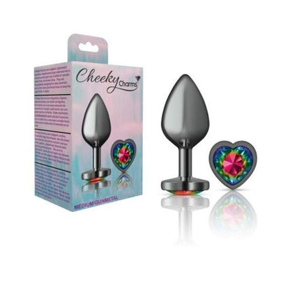 Cheeky Charms Gunmetal Butt Plug w Heart Rainbow Jewel Medium Cheeky Charms