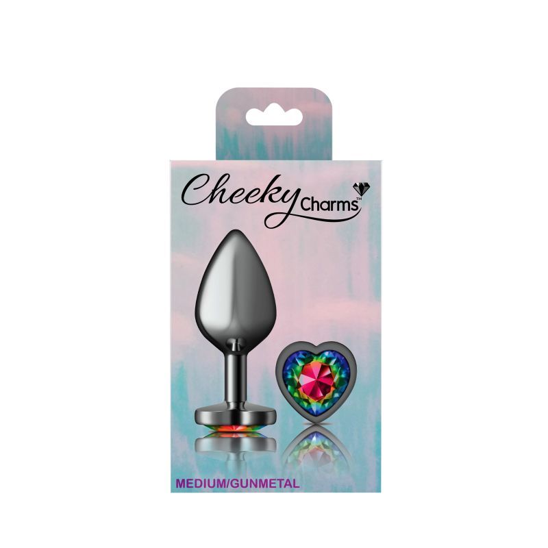 Cheeky Charms Gunmetal Butt Plug w Heart Rainbow Jewel Medium Cheeky Charms