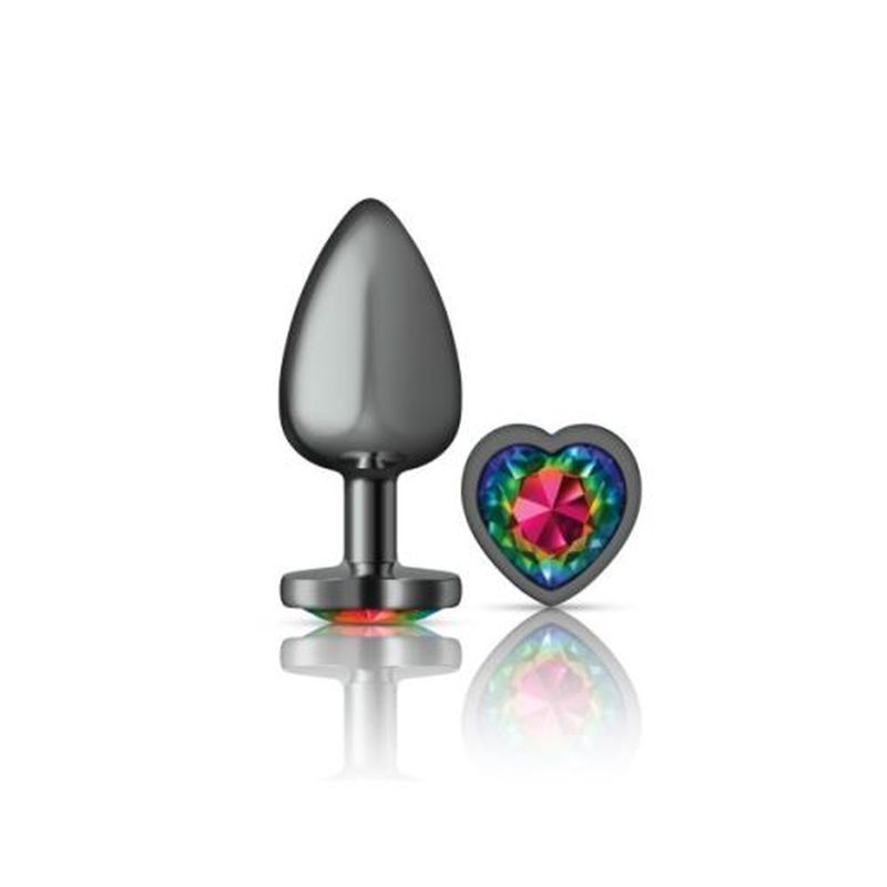 Cheeky Charms Gunmetal Butt Plug w Heart Rainbow Jewel Large Cheeky Charms