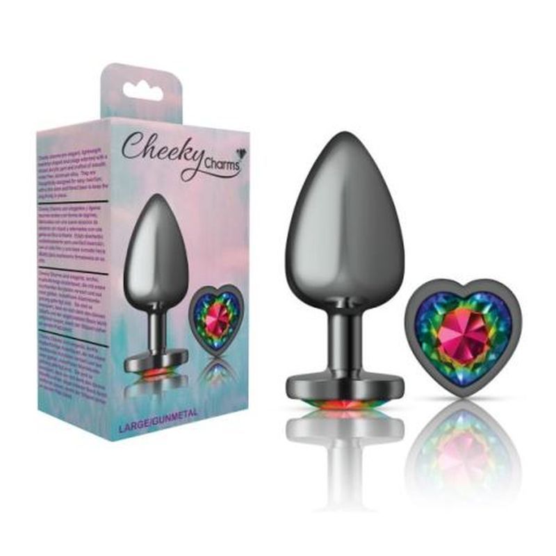 Cheeky Charms Gunmetal Butt Plug w Heart Rainbow Jewel Large Cheeky Charms