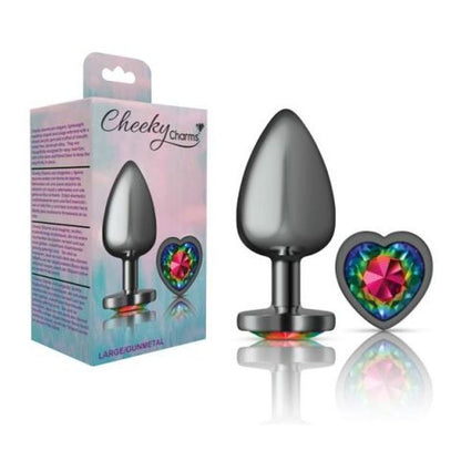 Cheeky Charms Gunmetal Butt Plug w Heart Rainbow Jewel Large Cheeky Charms