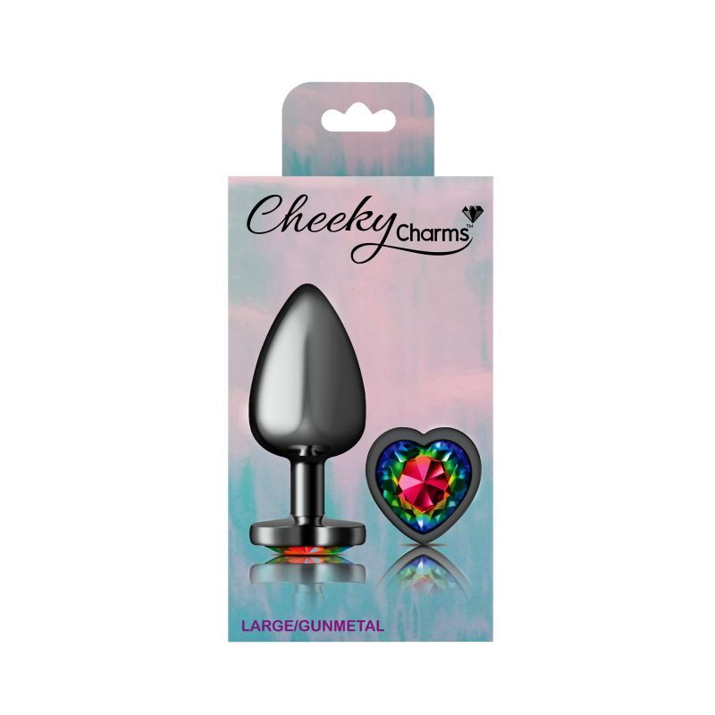 Cheeky Charms Gunmetal Butt Plug w Heart Rainbow Jewel Large Cheeky Charms