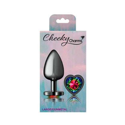 Cheeky Charms Gunmetal Butt Plug w Heart Rainbow Jewel Large Cheeky Charms