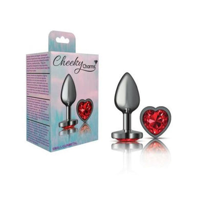 Cheeky Charms Gunmetal Butt Plug w Heart Red Jewel Small Cheeky Charms