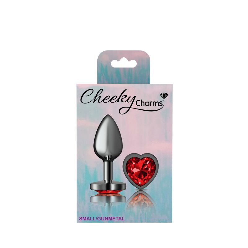 Cheeky Charms Gunmetal Butt Plug w Heart Red Jewel Small Cheeky Charms