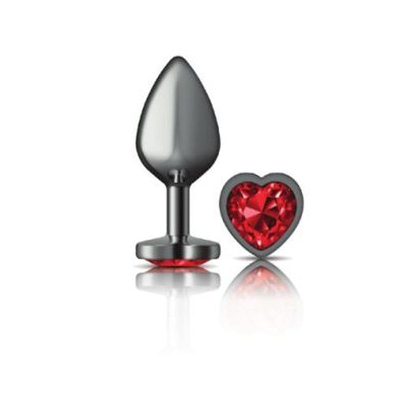 Cheeky Charms Gunmetal Butt Plug w Heart Red Jewel Medium Cheeky Charms