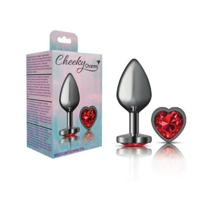 Cheeky Charms Gunmetal Butt Plug w Heart Red Jewel Medium Cheeky Charms