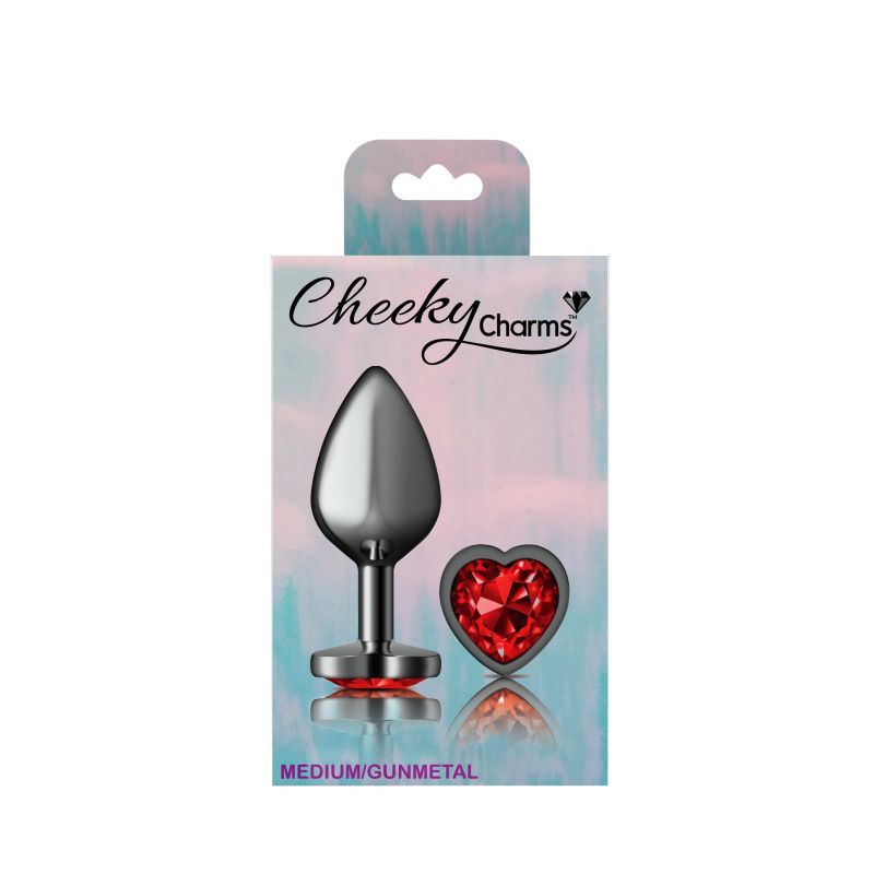 Cheeky Charms Gunmetal Butt Plug w Heart Red Jewel Medium Cheeky Charms
