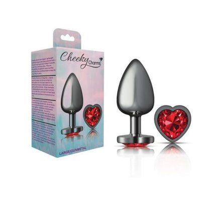 Cheeky Charms Gunmetal Butt Plug w Heart Red Jewel Large Cheeky Charms