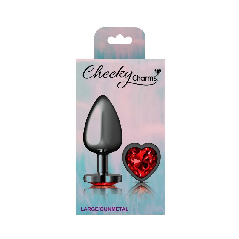Cheeky Charms Gunmetal Butt Plug w Heart Red Jewel Large Cheeky Charms