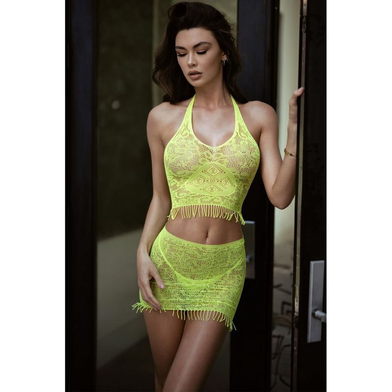 Eyelash Lace 3 Pc Crop, Skirt and Thong Neon Yellow Killer Legs