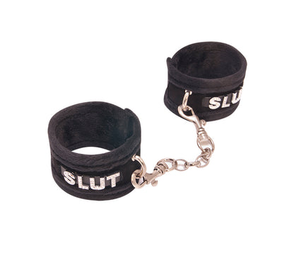 Fluffy Diamanté Slut Wrist Restraints Black - Club X