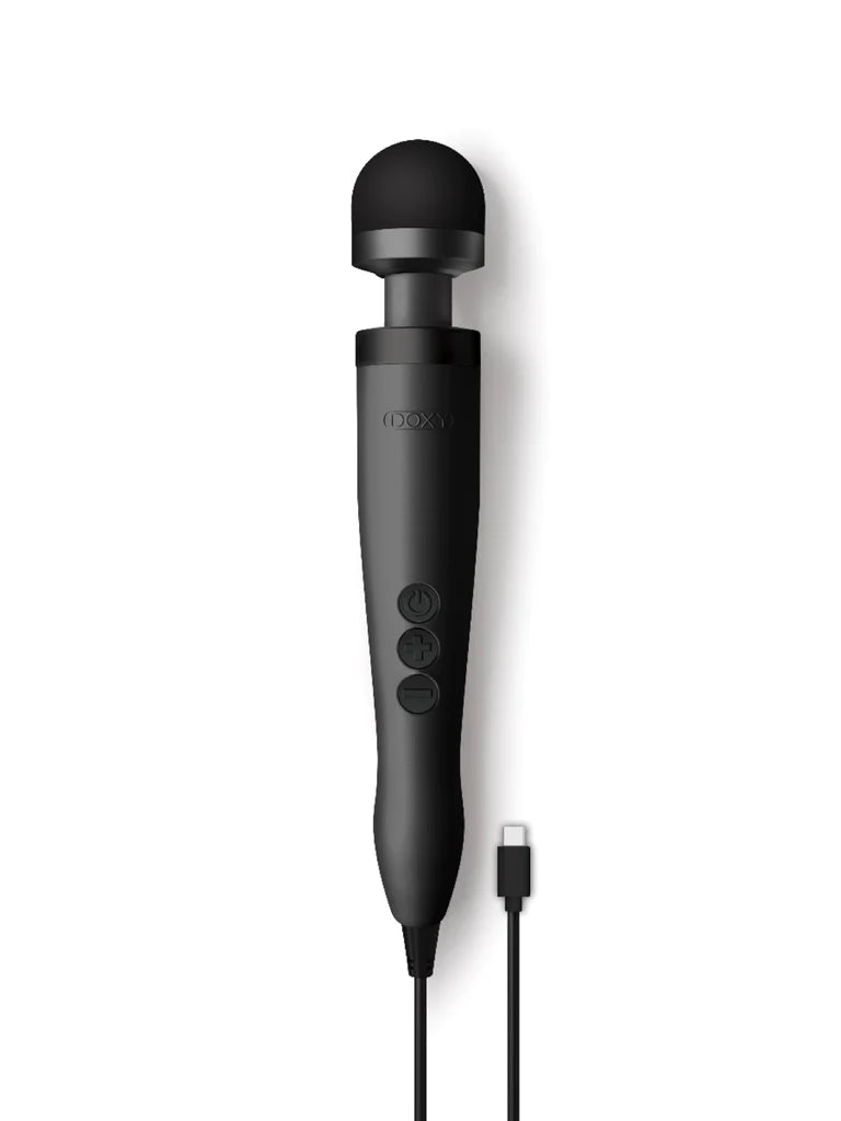 Doxy 3 USB-C Matte Black cord-powered wand massager with silicone head and USB-C cable
