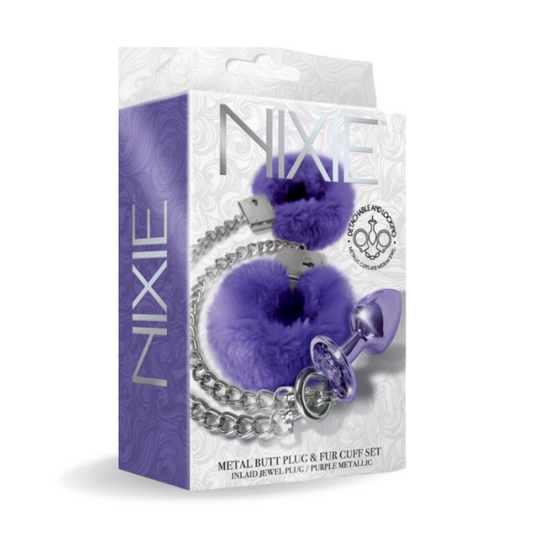 Nixie Metal Butt Plug & Cuff Set Metallic Purple - Club X