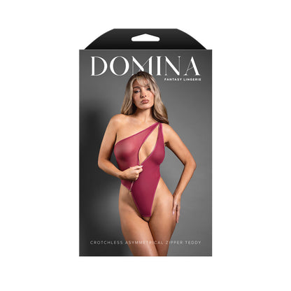 DOMINA Crotchless Asymmetrical Zipper Teddy - S/M - Berry Red - S/M Size Fantasy Lingerie