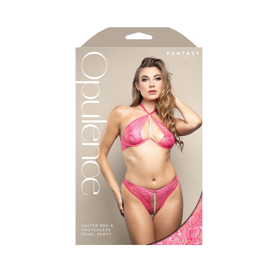 OPULENCE Halter Bra & Crotchless Pearl Panty ML - Pink - M/L Size Fantasy Lingerie