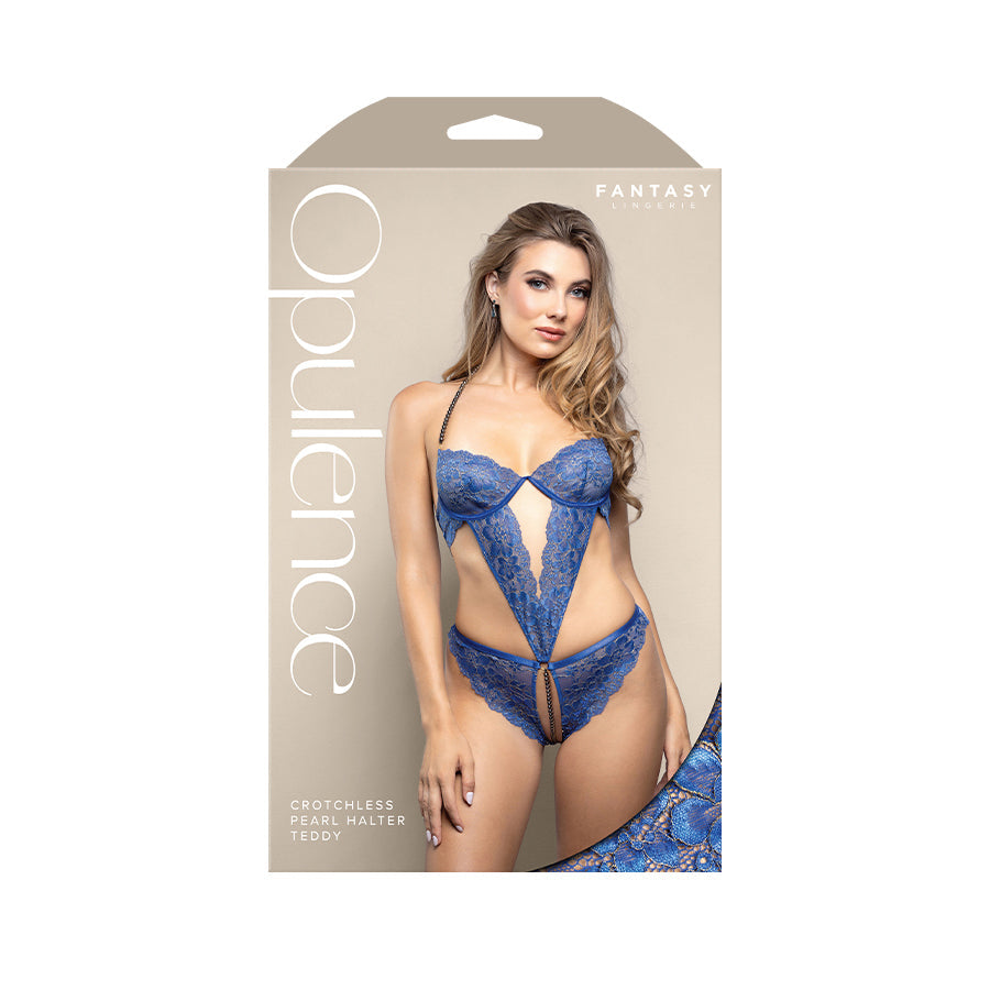 OPULENCE Crotchless Pearl Halter Teddy ML - Royal Blue - M/L Size Fantasy Lingerie