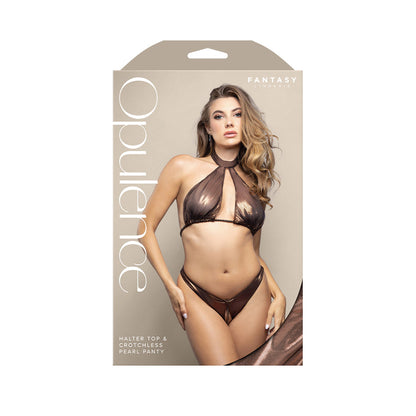 OPULENCE Halter Top & Crotchless Pearl Panty ML - Chocolate - M/L Size Fantasy Lingerie