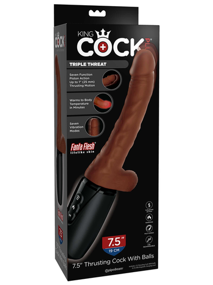 King Cock Plus 7.5 In. Thrusting Cock With Balls Dildo Brown  - Club X