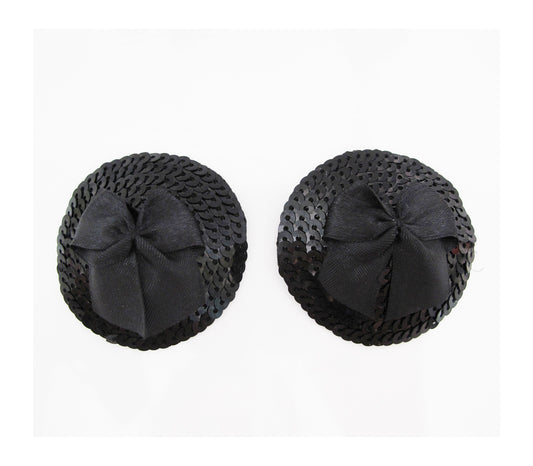 Nip004 Round Sequin Nipple Pasties With Satin Bow Black - Club X