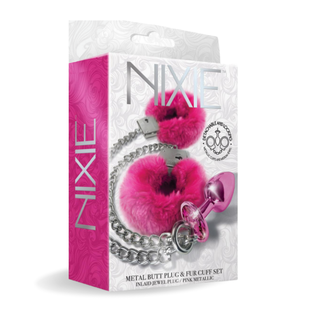 Nixie Metal Butt Plug & Cuff Set Metallic Pink - Club X