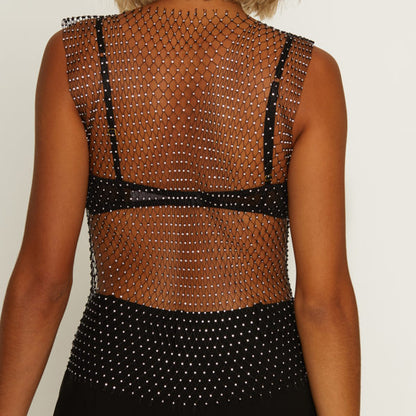 T001 Super Stylish Diamante Studded Mesh Top  - Club X