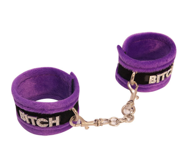 Han016D Fluffy Diamanté Bitch Wrist Restraints Purple - Club X