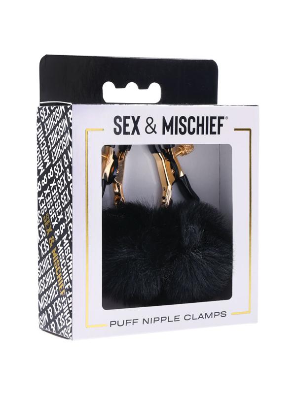 Sex & Mischief Puff Nipple Clamps - Black/Gold Nipple Clamps - Set of 2 Sportsheets
