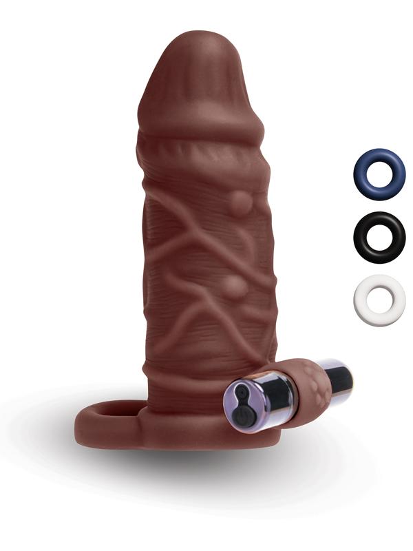 Size Up 1 in. Silicone Vibrating Realistic Penis Extender With Ball Loop - Dark Tan Xgen Products