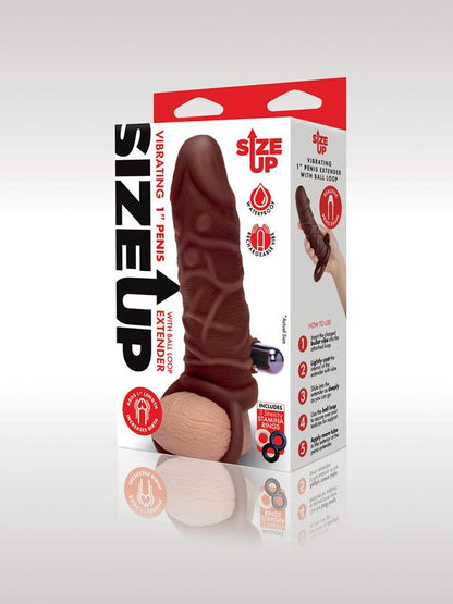 Size Up 1 in. Silicone Vibrating Realistic Penis Extender With Ball Loop - Dark Tan Xgen Products