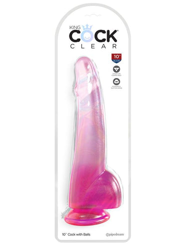 King Cock Clear 10'' Cock with Balls - Pink - Pink 25 cm Dong Pipedream
