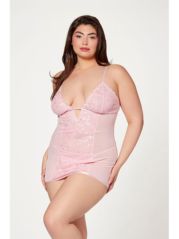 2 Pc Slim Fit Chemise And Thong Panty Set 11553X PINK 1X/2X (H) Seven Til Midnight