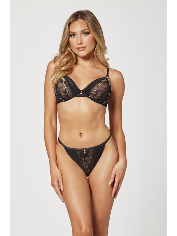 Two Piece Mesh and Rhinestone Bra And Panty Set 11561 BLACK XL (H) Seven Til Midnight