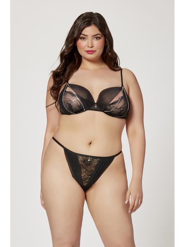 Two Piece Mesh and Rhinestone Bra And Panty Set 11561X BLACK 1X/2X (H) Seven Til Midnight