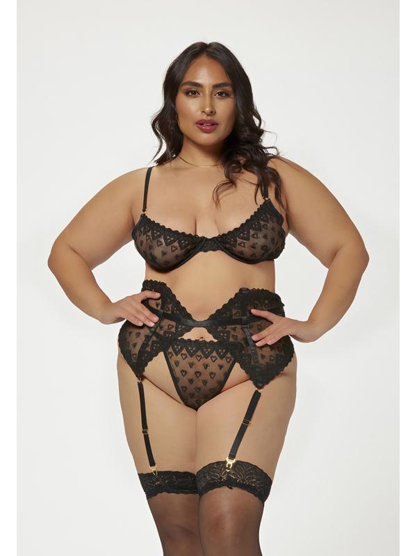 Three Piece Bra Garter And Panty Set 11569X BLACK 1X/2X (H) Seven Til Midnight