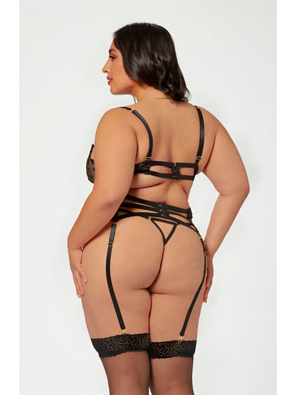 Three Piece Bra Garter Belt Thong Set 11569X BLACK 3X/4X (H) Seven Til Midnight