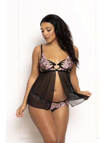 Two Piece Babydoll Set.  Multicolored Embroidered Floral Galloon Lace And Mesh Babydoll With Underwire STM-11647-BLACK-XL (H) Seven Til Midnight