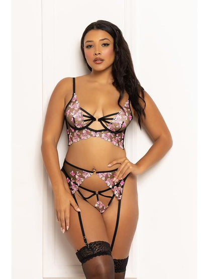 Three Piece Long Line Bra Set.  Multicolored Embroidered Floral Galloon Lace Long Line Bra With Underwire STM-11648-BLACK-XL (H) Seven Til Midnight