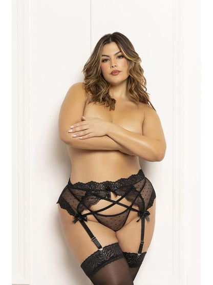 Two Piece Garter Belt Set.  Dot Mesh Garter Belt With Lace Trim STM-11657X-BLACK-X/2X (H) Seven Til Midnight