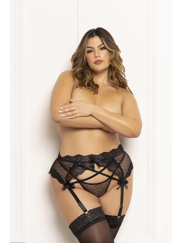 Two Piece Garter Belt Set.  Dot Mesh Garter Belt With Lace Trim STM-11657X-BLACK-3/4X (H) Seven Til Midnight