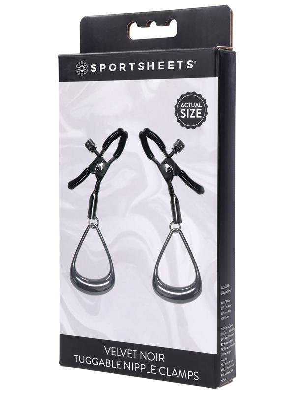 SPORTSHEETS Velvet Noir Tuggable Nipple Clamps - Gunmetal Adjustable Nipple Restraints Sportsheets