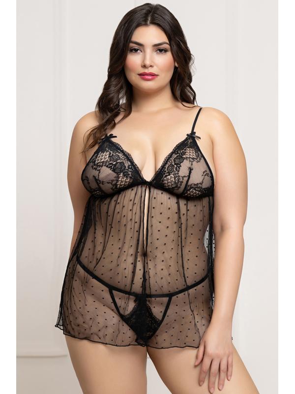 Two Piece Lace and Dot Mesh Babydoll Set STM-11821XP-Black-OSX (P)